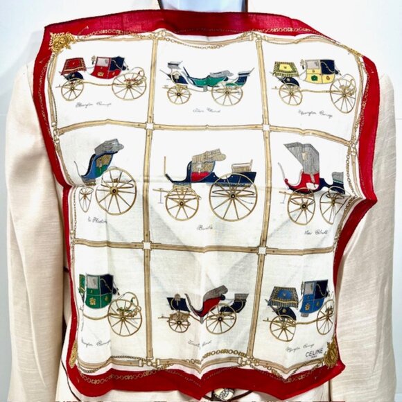 Unused Celine Paris Mini Scarf/Handkerchief Cotton 18" Ivery Red Gold Chariot(60 - Picture 6 of 6